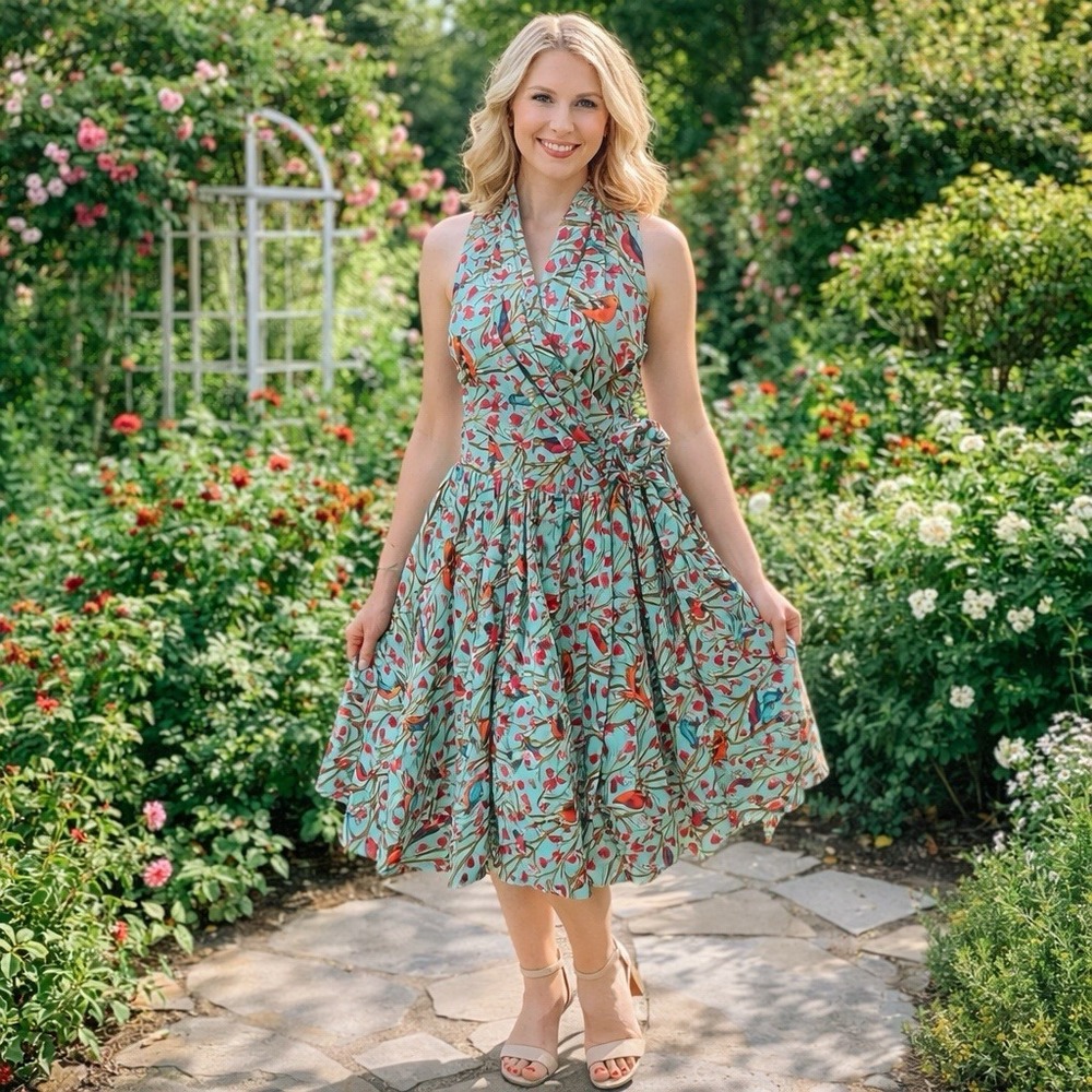 Retrolicious Made In USA Bird Floral Print‎ Novelty Pinup Dress Lined Feminine M